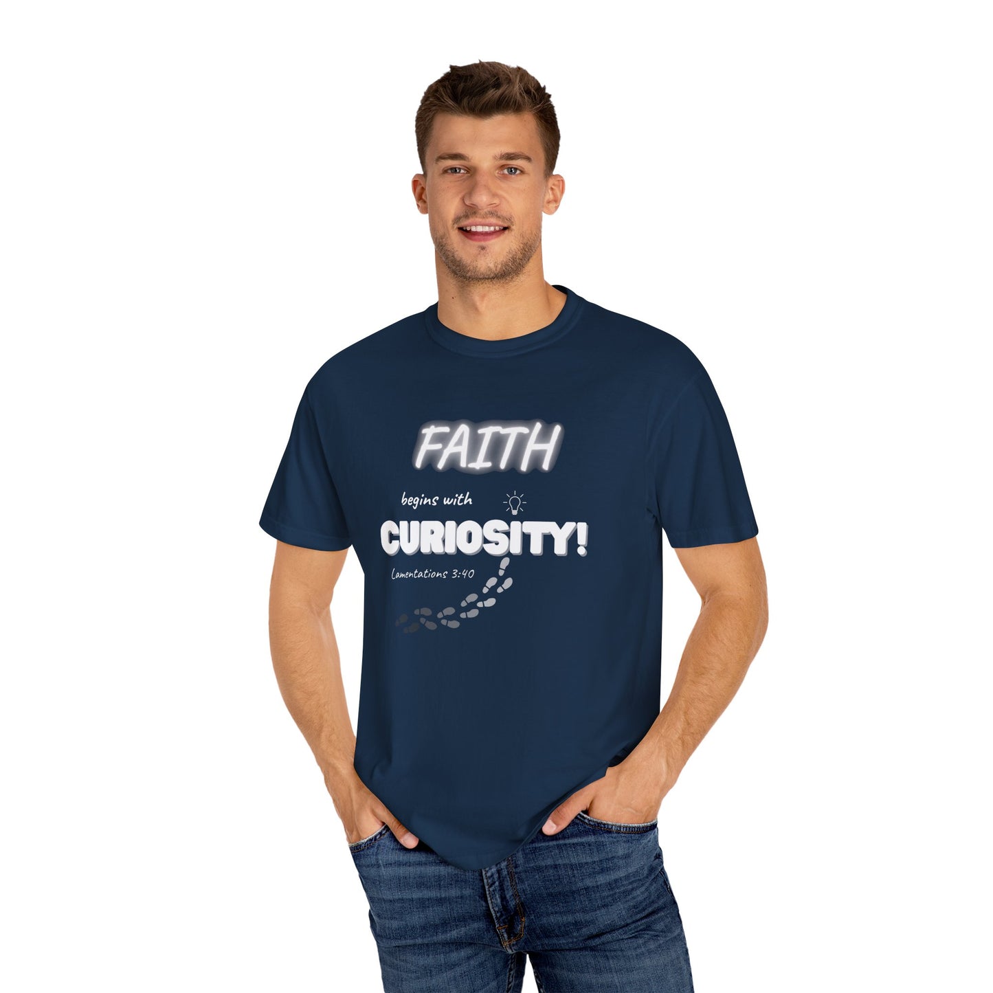 Faith begins with Curiosity Unisex T-Shirt, Casual Comfort Tee, Inspirational Gift, Everyday Wear, Unique Graphic Shirt